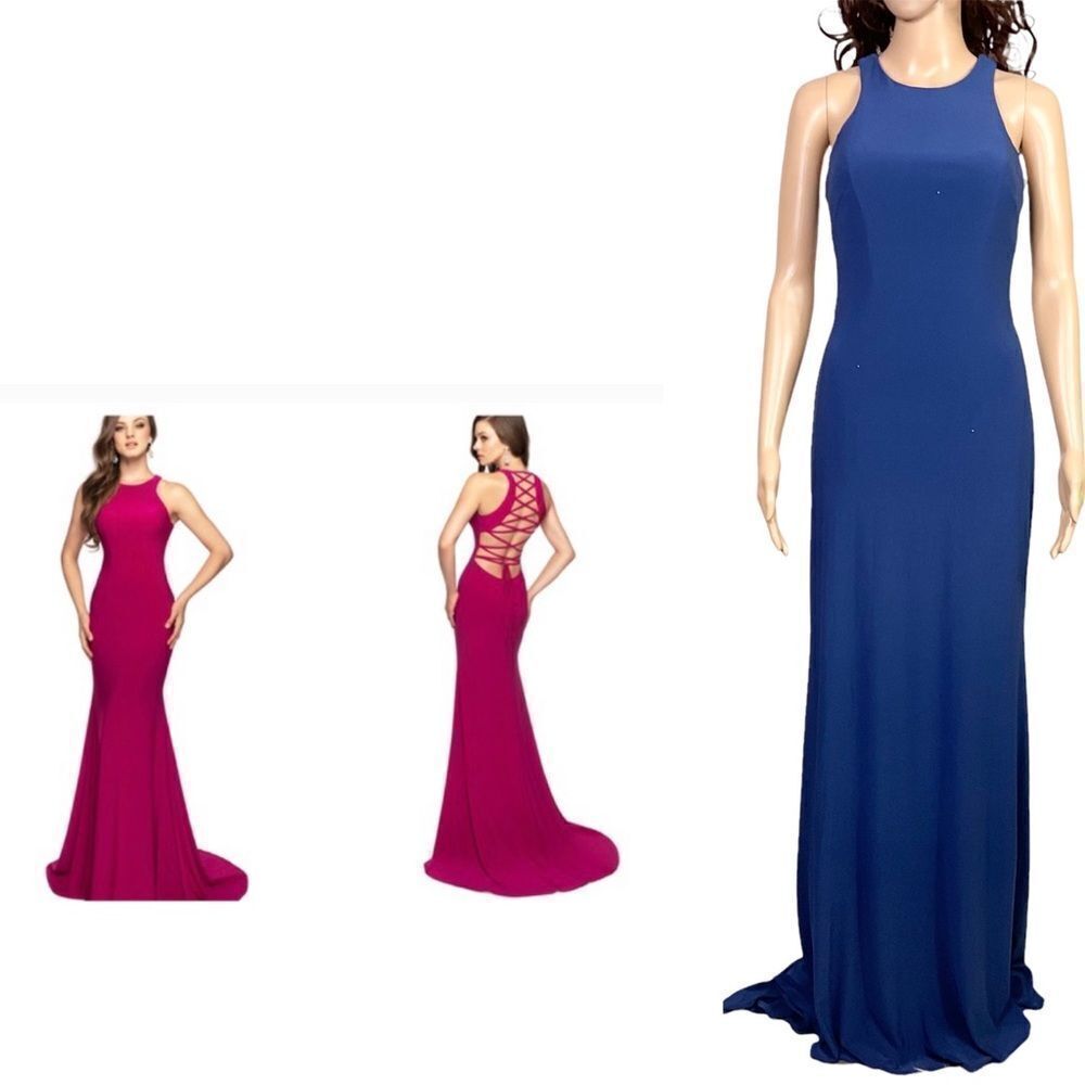 NEW Abby Paris By Lucci 981028 lace up back maxi evening gown blue 10